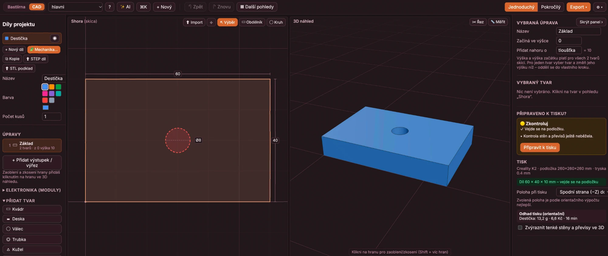 CAD režim Bastlírny: skica destičky 60×40 mm s otvorem a 3D náhled